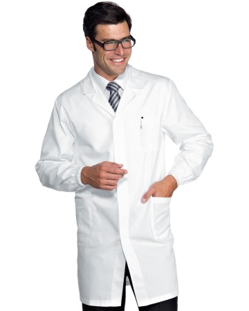 CAMICE UOMO BIANCO CM 100 BOTT.A PRESSIONE OEKO-TEX® STANDARD 100 CERTIF N. 25CX00077 CL II - ISACCO 060008-OEKO