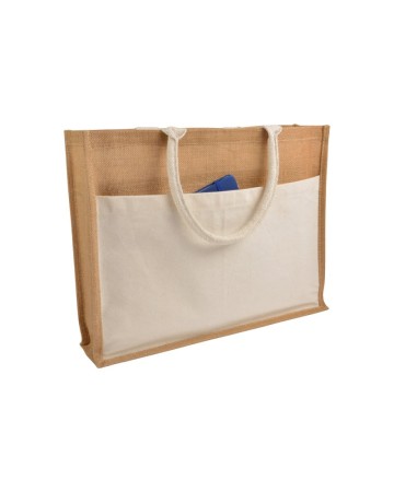 SHOPPER CON SOFFIETTO IN JUTA CON INTERNO CERATO, MANICI E  TASCA ESTERNA IN COTONE 0915022