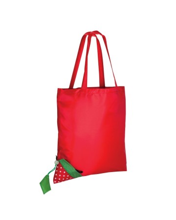 SHOPPER RIPIEGABILE A FORMA DI FRAGOLA IN POLIESTERE 190T, CON FOGLIA PERSONALIZZABILE 09169