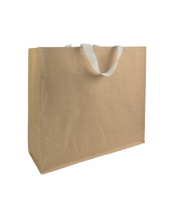 SHOPPER CON SOFFIETTO IN CARTA CON INTERNO IN PP 140 G/M2, MANICI CORTI A NASTRO COLORATI 15114