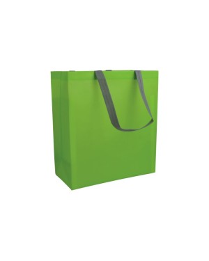 SHOPPER CON SOFFIETTO IN TNT LAMINATO 100 G/M2 TERMOSALDATO, MANICI LUNGHI