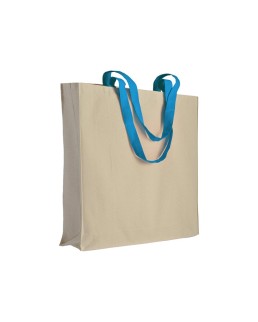 SHOPPER CON SOFFIETTO IN COTONE NATURALE 220 G/M2, MANICI LUNGHI COLORATI