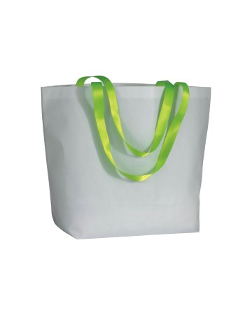 SHOPPER CON SOFFIETTO ALLA BASE IN TNT LAMINATO 100 G/M2 CUCITO, MANICI IN COLORE FLUO 18114