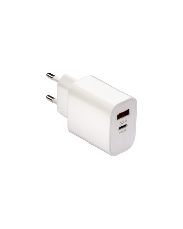 CARICABATTERIE USB IN ABS CON 1 PORTA USB A E 1 PORTA USB-C. SPINA EUROPEA A 2 POLI 25406